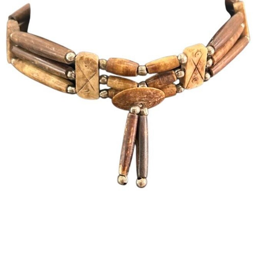 Vtg Native American Style Bone Choker Necklace Unisex Brown Hairpipe Beads